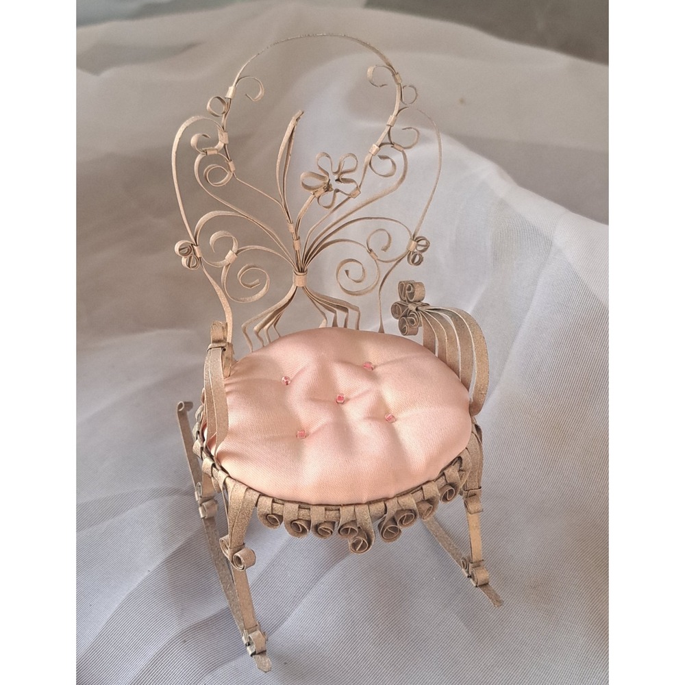 Folk Art Chair Soda Pop Tin Can Pin Cushion Scroll Quill Work Doll Chair - Picture 2 of 8